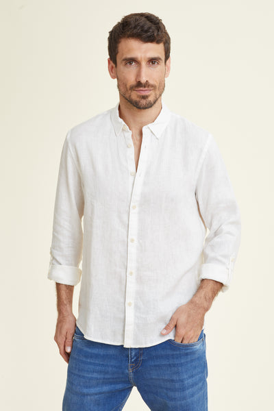 חולצה מכופתרת REGULAR FIT  פשתן שרוול ארוך בצבע לבן