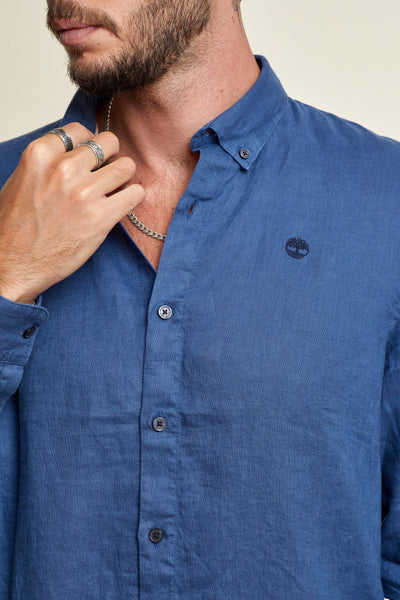 חולצה מכופתרת שרוול ארוך פשתן בצבע כחול