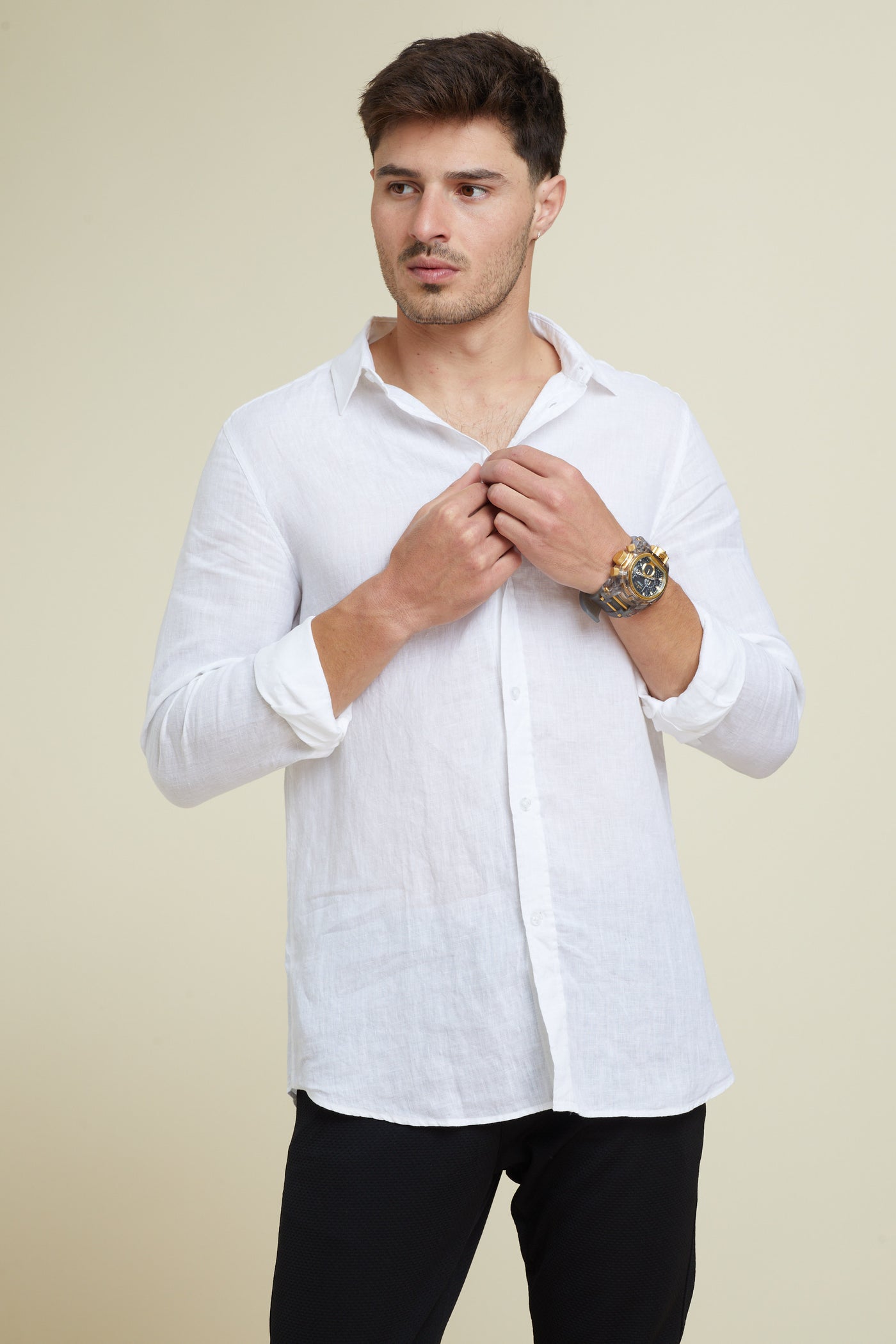 חולצה מכופתרת פשתן  REGULAR FIT שרוול ארוך בצבע לבן