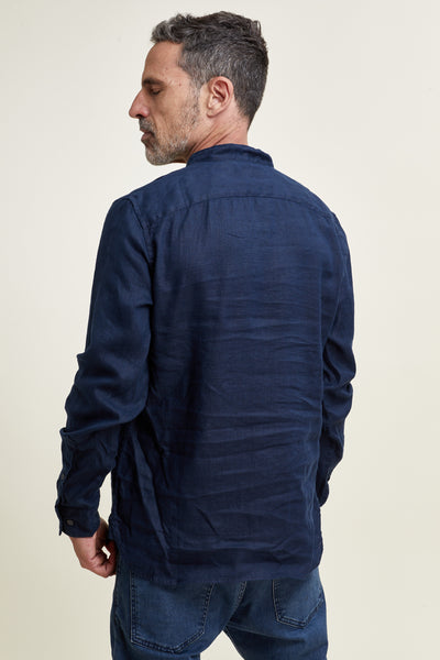 חולצה מכופתרת פשתן צווארון סיני שרוול ארוך בצבע נייבי