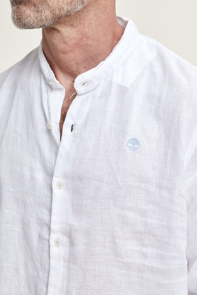 חולצה מכופתרת פשתן צווארון סיני שרוול ארוך בצבע לבן
