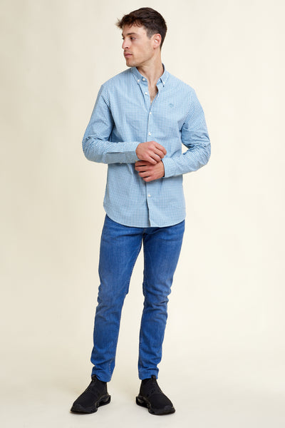 חולצה מכופתרת REGULAR FIT שרוול ארוך בצבע משבצות תכלת לבן