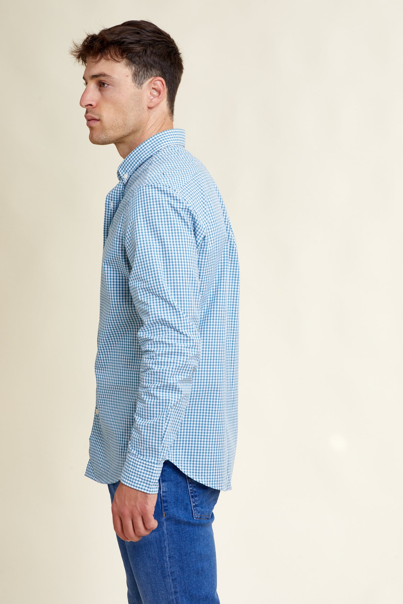 חולצה מכופתרת REGULAR FIT שרוול ארוך בצבע משבצות תכלת לבן