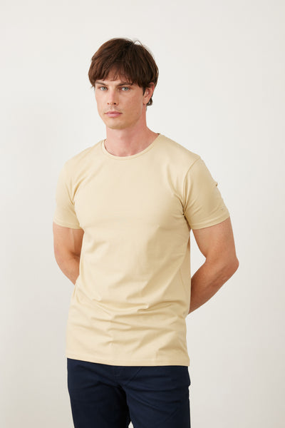 טישרט שרוול קצר צווארון עגול - בז'