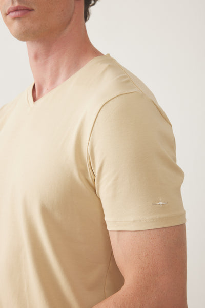 טישרט שרוול קצר צווארון V - בז'
