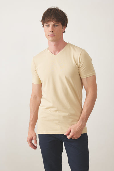 טישרט שרוול קצר צווארון V - בז'