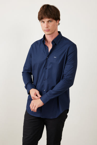 חולצה מכופתרת שרוול ארוך - נייבי