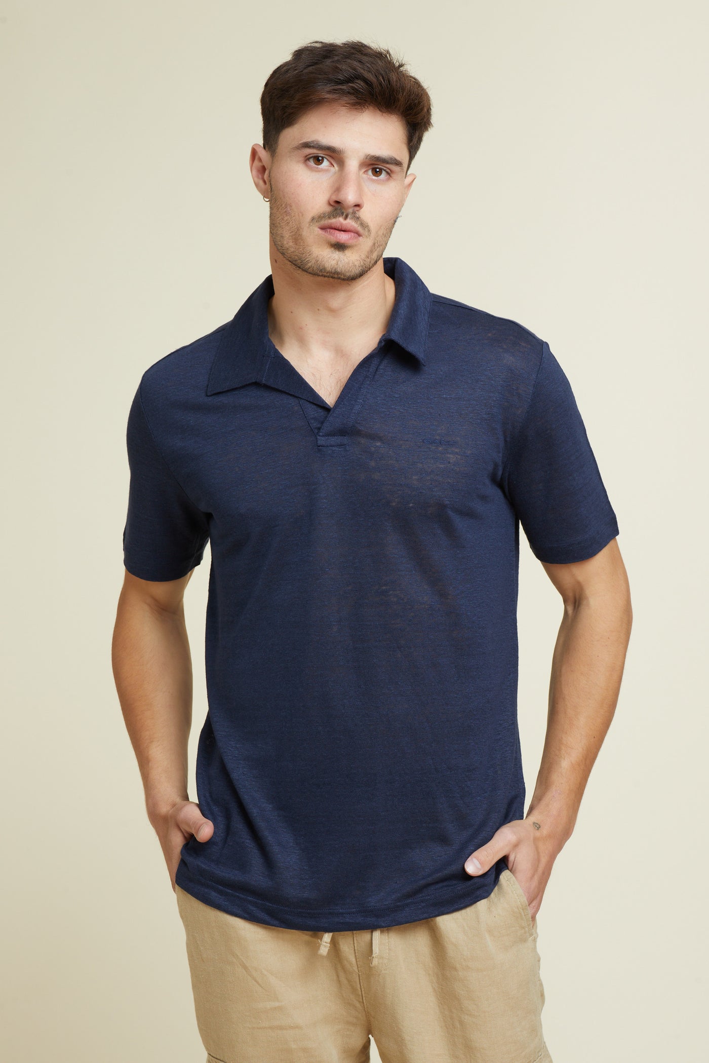 חולצת פולו פשתן שרוול קצר REGULAR בצבע נייבי