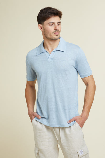 חולצת פולו פשתן שרוול קצר REGULAR בצבע תכלת
