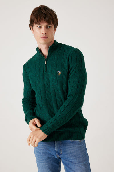 סריג צמות Half Zip   - ירוק