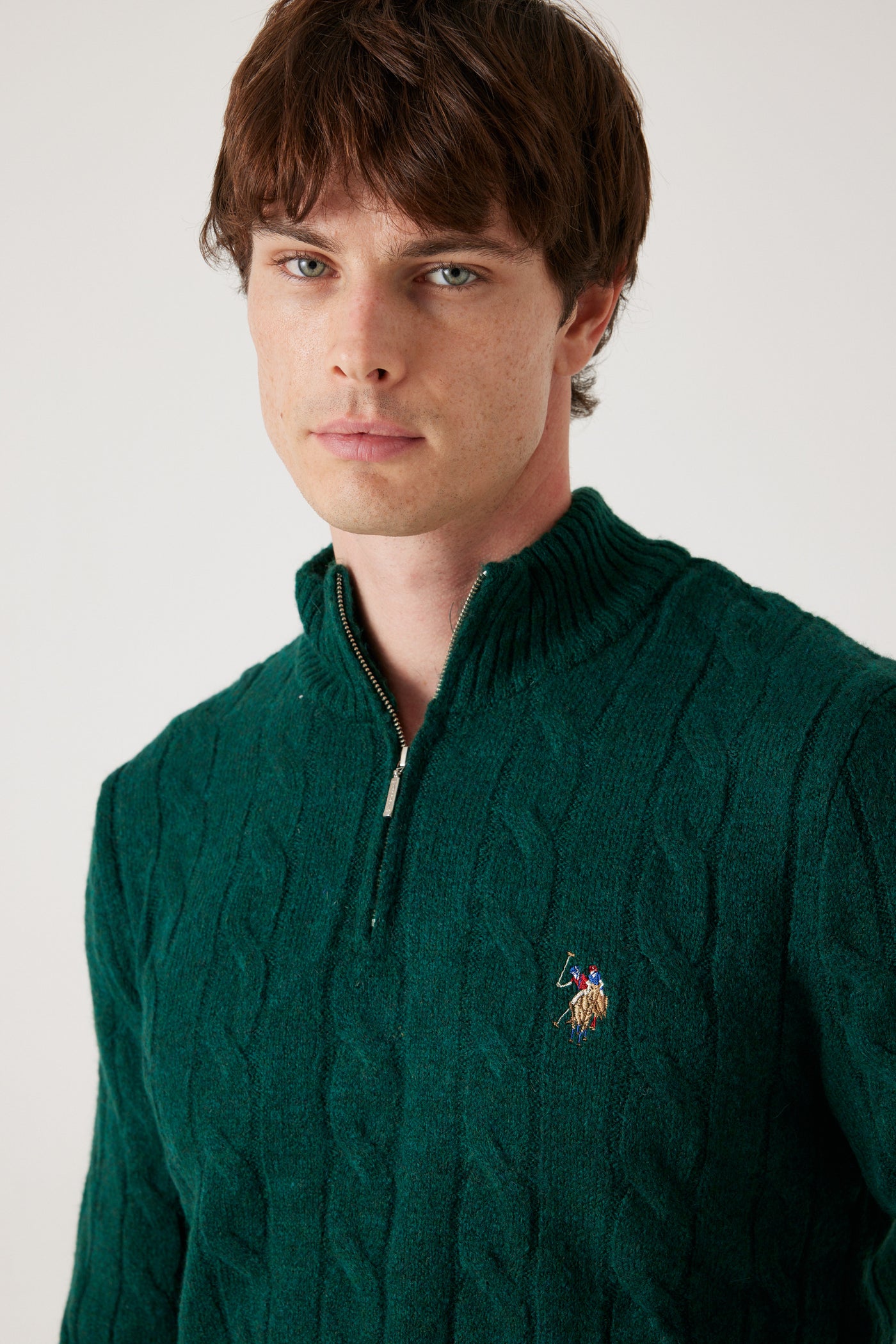 סריג צמות Half Zip   - ירוק