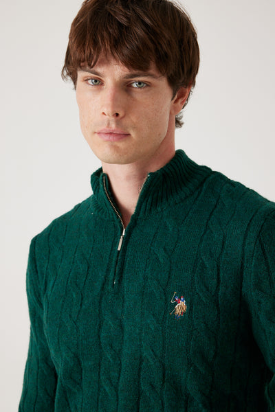 סריג צמות Half Zip   - ירוק