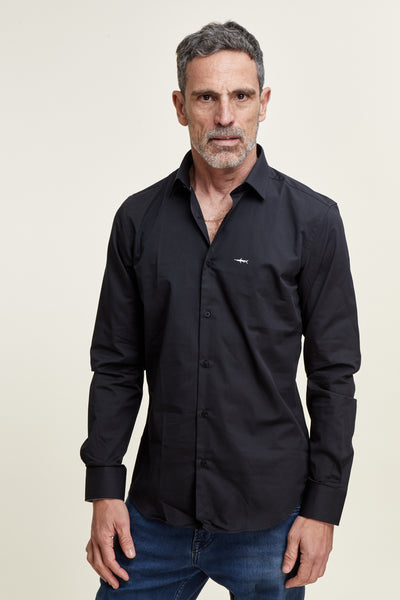 חולצה מכופתרת שרוול ארוך גברדין בצבע שחור SLIM