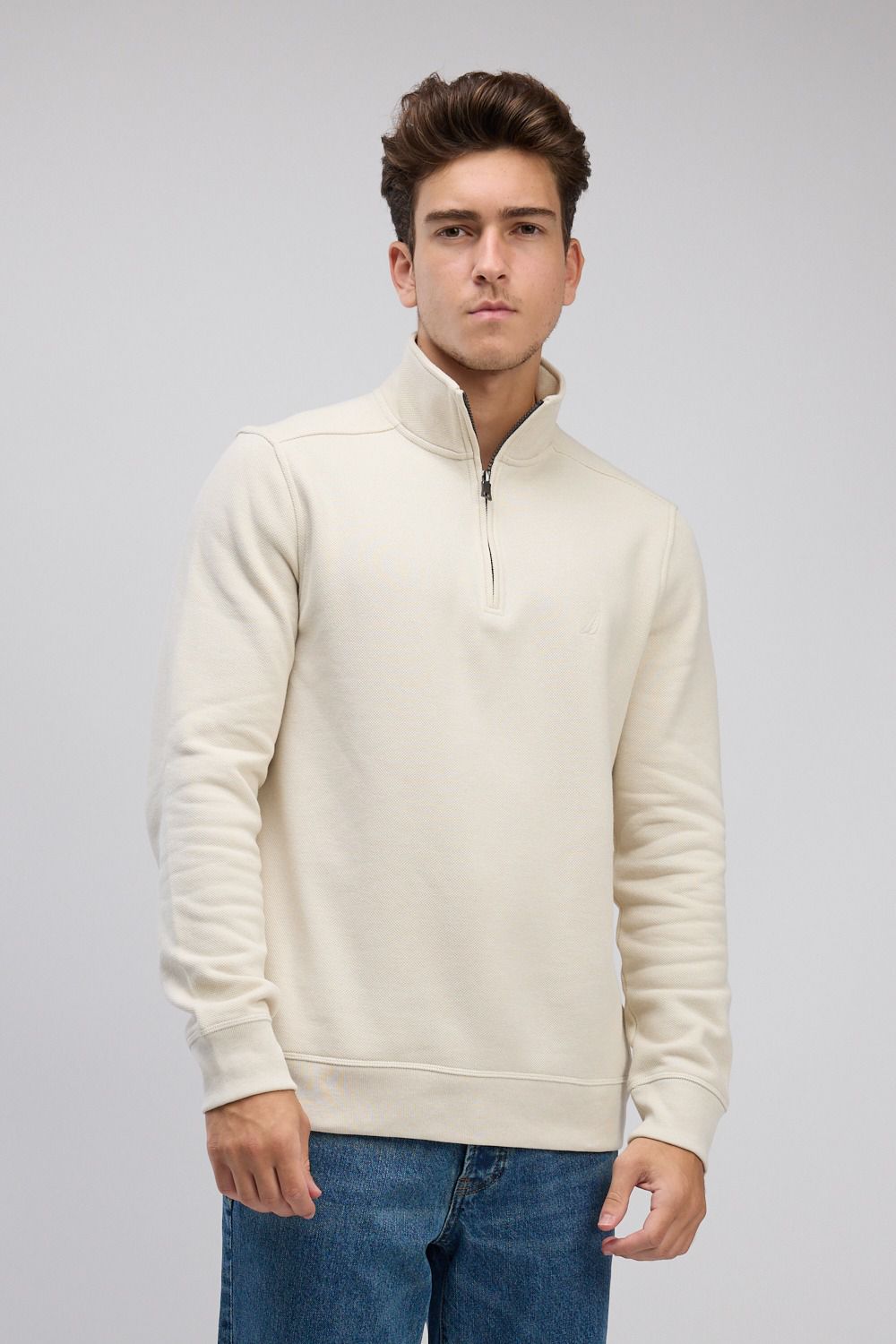 סווטשירט רוכסן בצאוורון (חצי זיפ) - שמנת