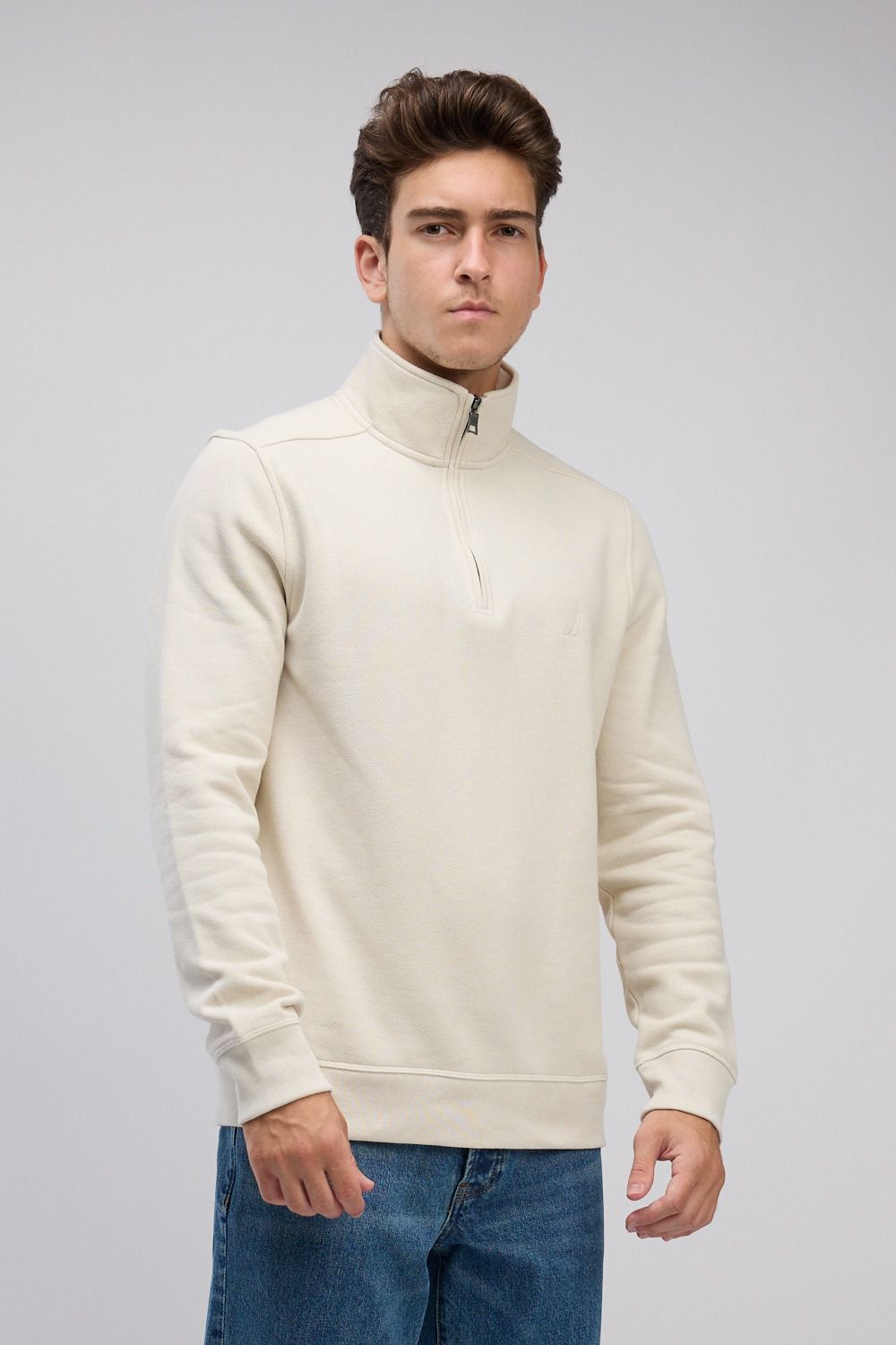 סווטשירט רוכסן בצאוורון (חצי זיפ) - שמנת