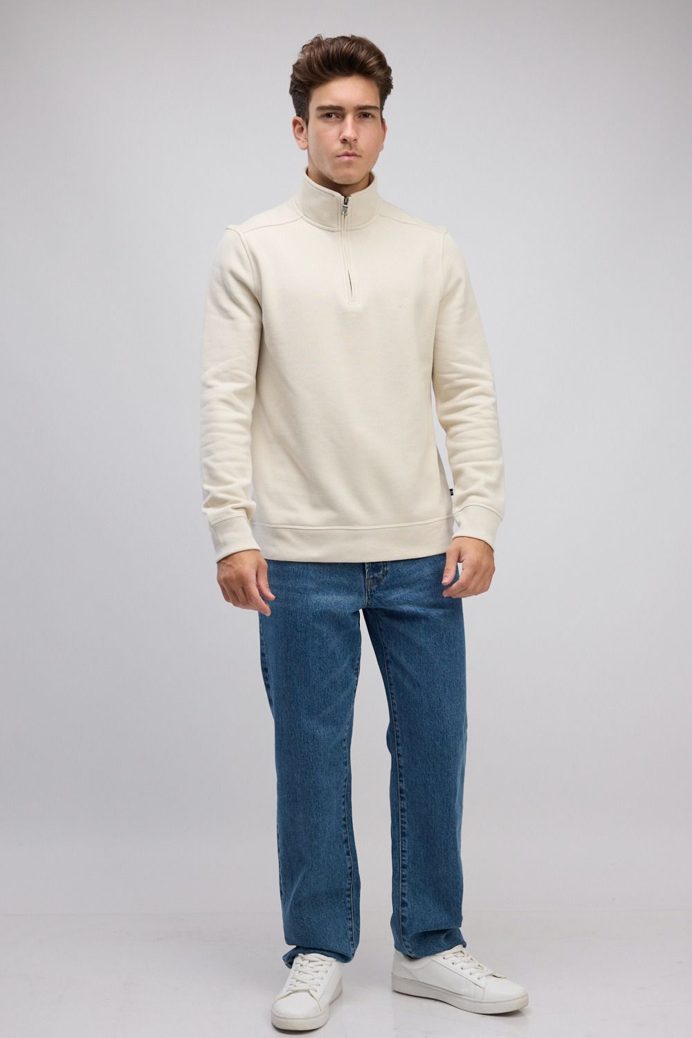 סווטשירט רוכסן בצאוורון (חצי זיפ) - שמנת