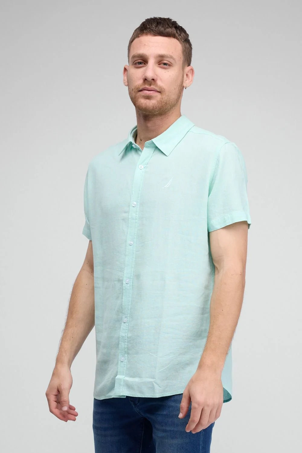 חולצה מכופתרת בסגנון פשתן שרוול ארוך בגזרת TAILORED FIT - מנטה