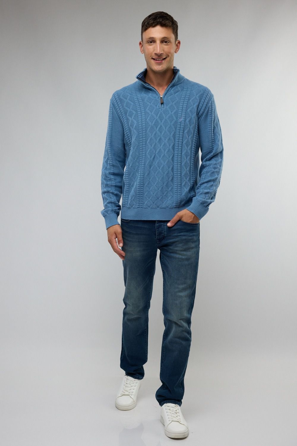 סריג איכותי מעוצב עם רוכסן בצווארון (חצי זיפ) - כחול