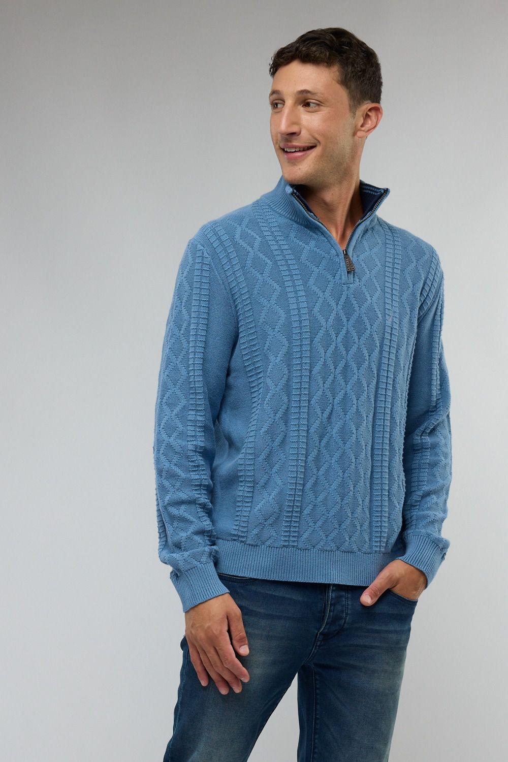 סריג איכותי מעוצב עם רוכסן בצווארון (חצי זיפ) - כחול