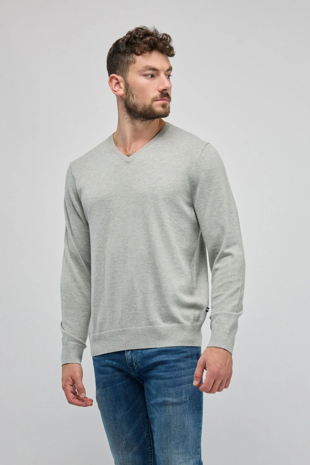 סוודר אלגנט צווארון וי - אפור