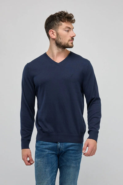 סוודר אלגנט צווארון וי - כחול נייבי