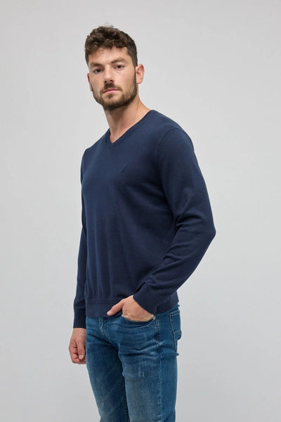 סוודר אלגנט צווארון וי - כחול נייבי