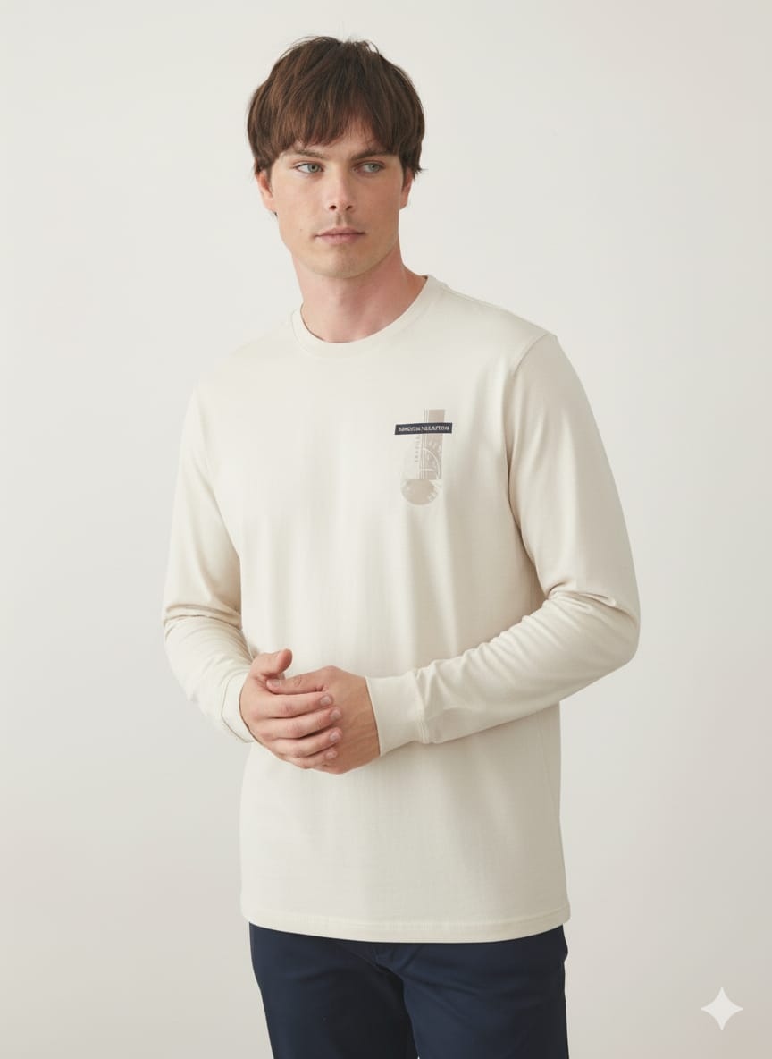 טישרט שרוול ארוך בגזרת SLIM - בז'