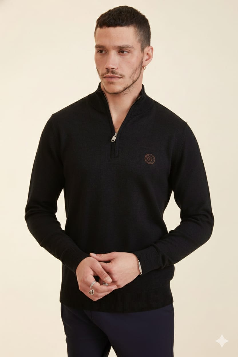 סריג חצי זיפ בצבע שחור