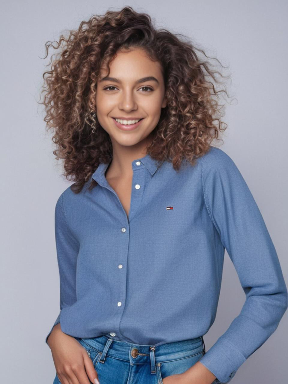 חולצה מכופתרת שרוול ארוך ג'ינסREGULAR לנשים אוקספורד