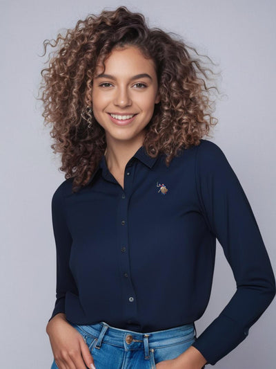 חולצה מכופתרת לנשים גזרת SLIM שרוול ארוך צבע נייבי