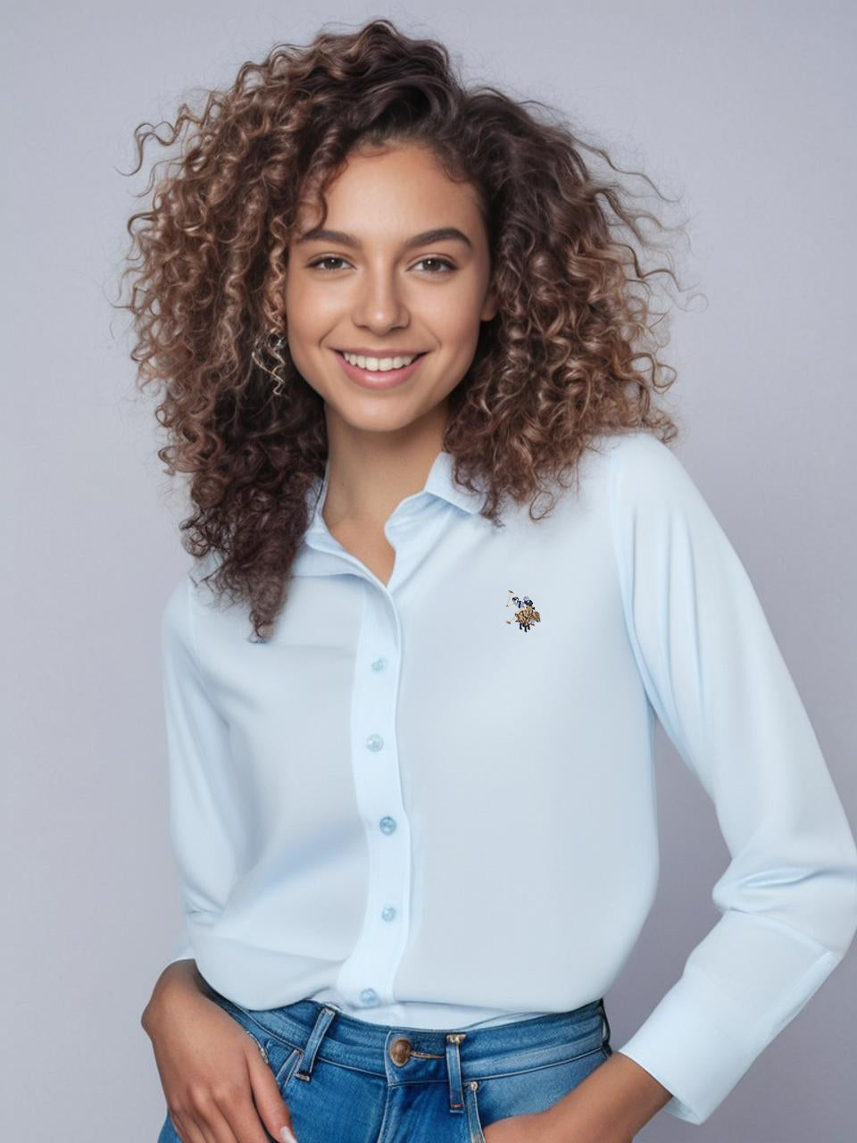 חולצה מכופתרת לנשים גזרת SLIM שרוול ארוך צבע תכלת
