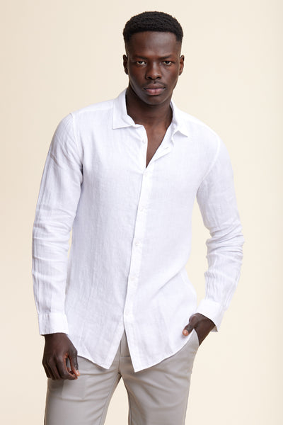 חולצה מכופתרת שרוול ארוך פשתן בצבע לבן
